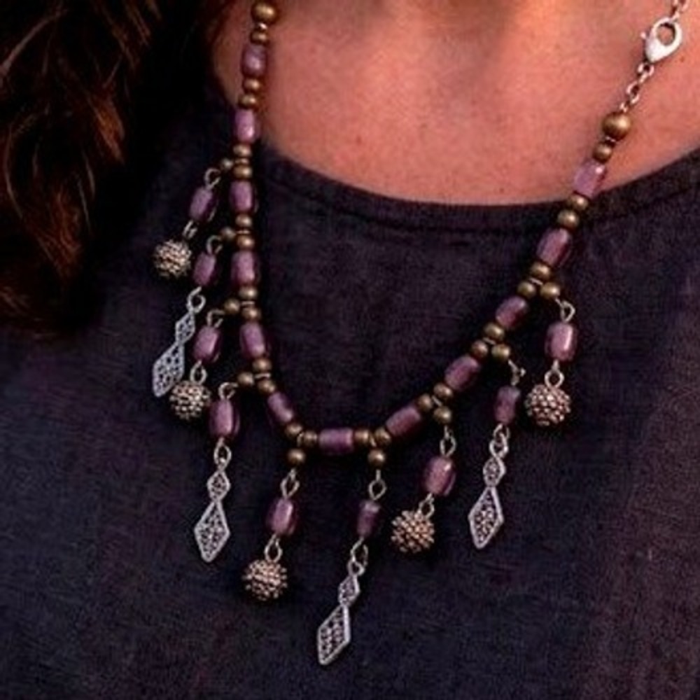 Boho Purple Beaded Bib Necklace Silver Brass Mixed Metal Filigree Charms 18"